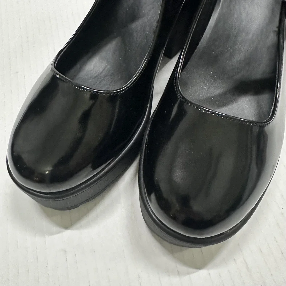 GB Mary Jane‎ Platform Heel Shoes Womens 8.5 Shiny Black Block Lug Sole Y2K